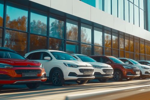 Autos parken vor einem Bürogebäude